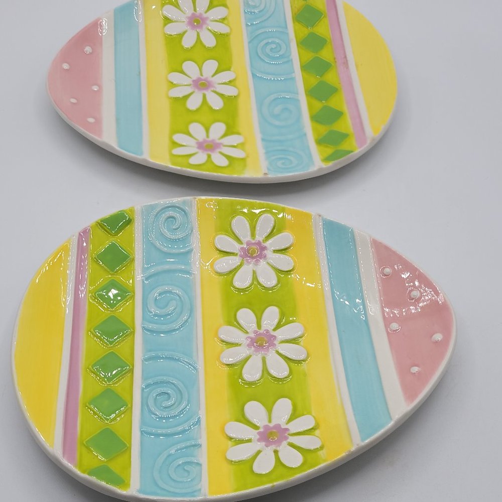 2 Pier 1 Imports Holiday Easter Egg Candy Plate Dish Pastel Colors Daisy 9" Wi